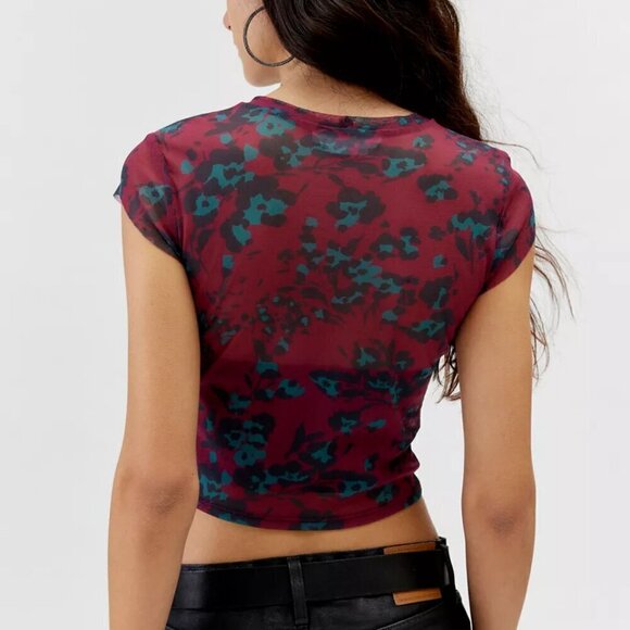 NWT UO Urban Renewal Remnants Mesh Red Animal Print Baby Tee - Picture 2 of 11